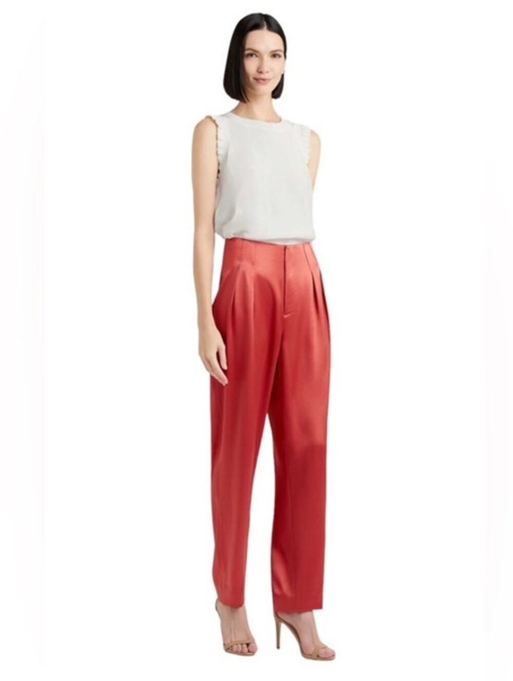 Cinq a Sept New Womens Shiny Satin Ruthy Wide Leg Pants Red Size 12 Fancy Classy